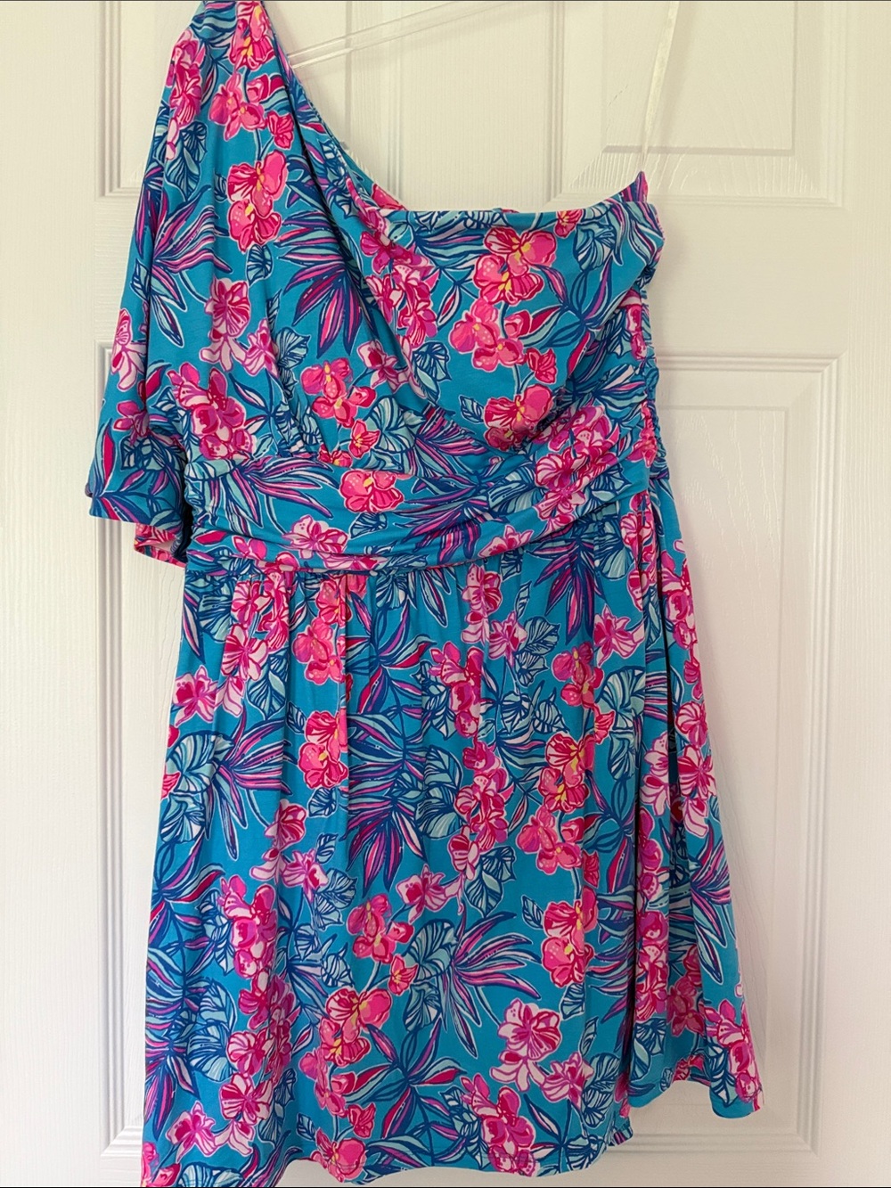 LILLY PULITZER SIZE 10 NIKI ONE-SHOULDER ROMPER *ORCHID OASIS* CUMULUS BLUE